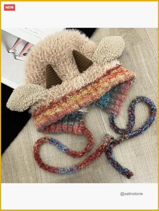 Faux Fur Knitted Animal Beanie with Ear Flaps Cute Sheep Horns Winter Hat main image 5